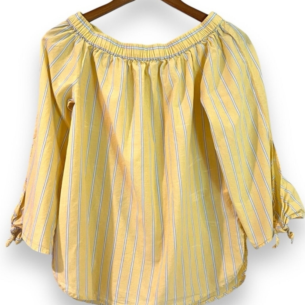 Off the shoulder tie sleeve blouse yellow with baby blue and white stripes